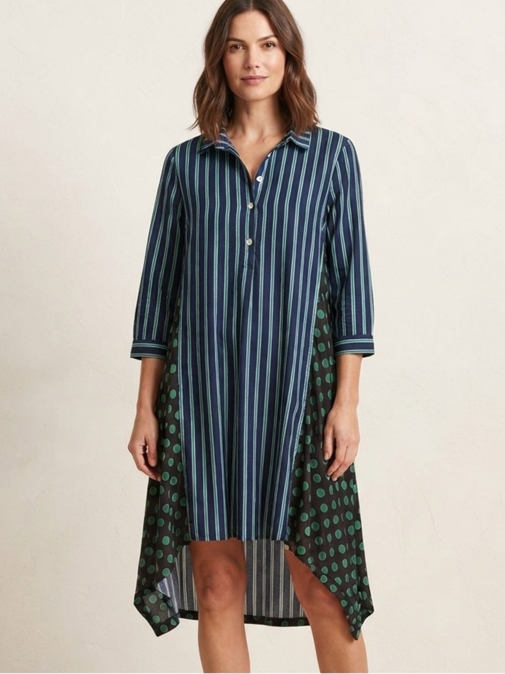 Alembika Sz 10 Langenlook Artsy Strips Dots Blue Green Asymmetrical Hem Dress